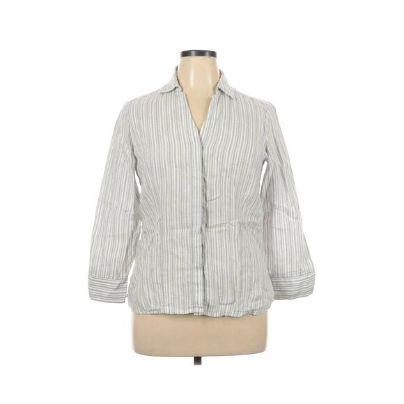 Foxcroft NYC 100% Linen Gray White Striped Top - Picture 1 of 2